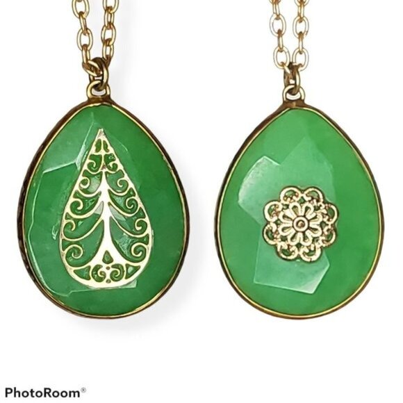 Reversible Jade Colored Stone Pendant Necklace 28" - Picture 1 of 5